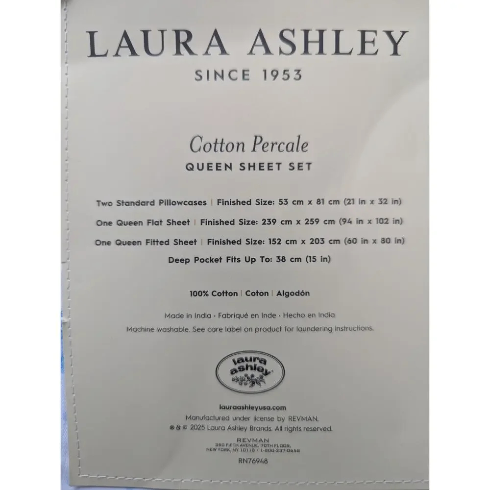 Laura Ashley QUEEN Sheet set 100% cotton percale lobster polka dot blue sheets